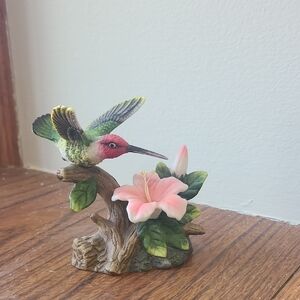 Colorful Hummingbird Figurine with Pink Flower